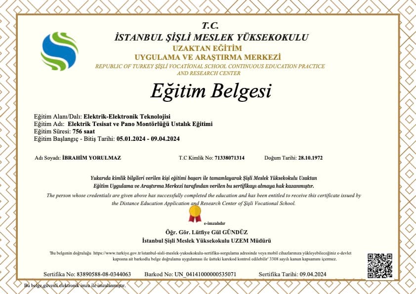 Elektrik Tesisat ve Pano Montörlüğü Ustalık Eğitimi