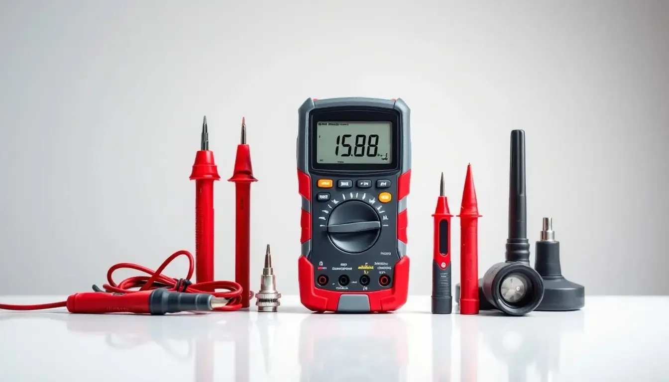 Beyaz zeminde dijital multimetre ve çevresinde kırmızı-siyah renkli ölçüm probları ve test uçları.