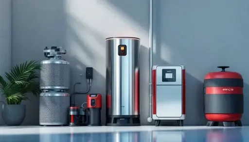 Gri duvar önünde sıralanmış silindirik su ısıtıcısı, arıtma cihazı ve kırmızı-gri renkli su tankları.